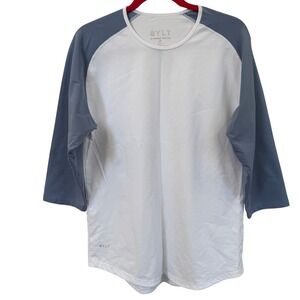 BYLT 3/4 Baseball Drop Cut Shirt Lux White Blue Raglan Large Cotton Blend Casual